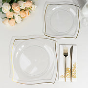 10 Square Plastic Salad and Dinner Plates with Wavy Gold Rim - Disposable Tableware