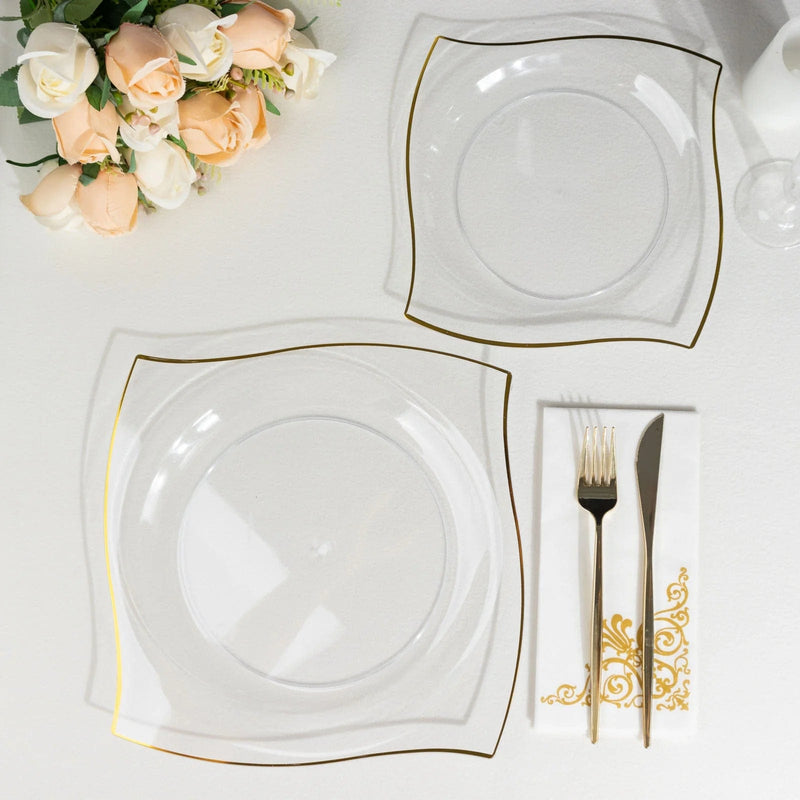 10 Square Plastic Salad and Dinner Plates with Wavy Gold Rim - Disposable Tableware