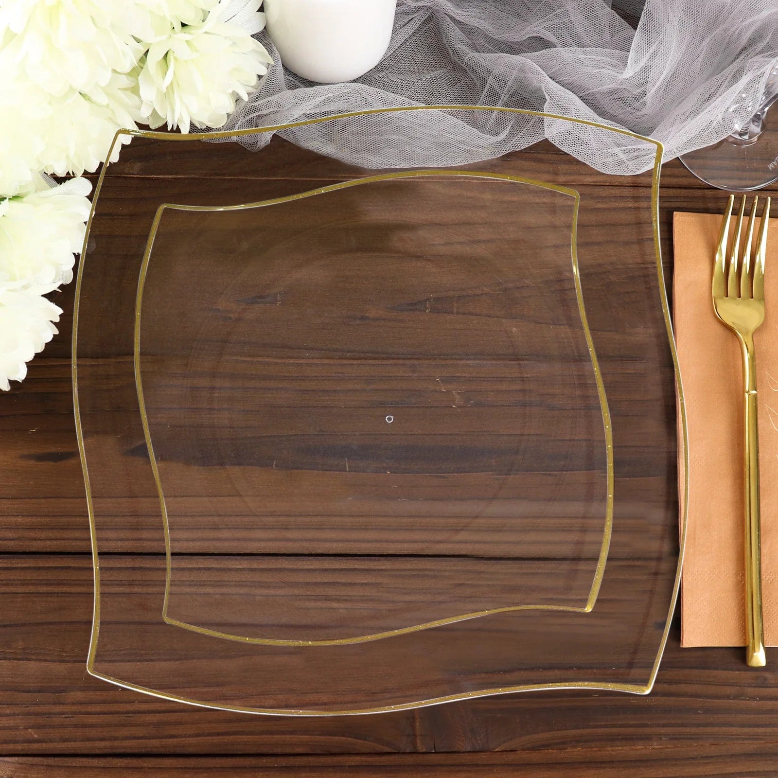 10 Square Plastic Salad and Dinner Plates with Wavy Gold Rim - Disposable Tableware