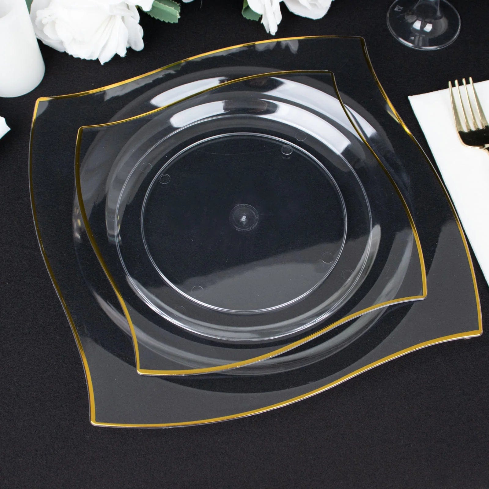 10 Square Plastic Salad and Dinner Plates with Wavy Gold Rim - Disposable Tableware