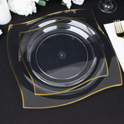 10 Square Plastic Salad and Dinner Plates with Wavy Gold Rim - Disposable Tableware
