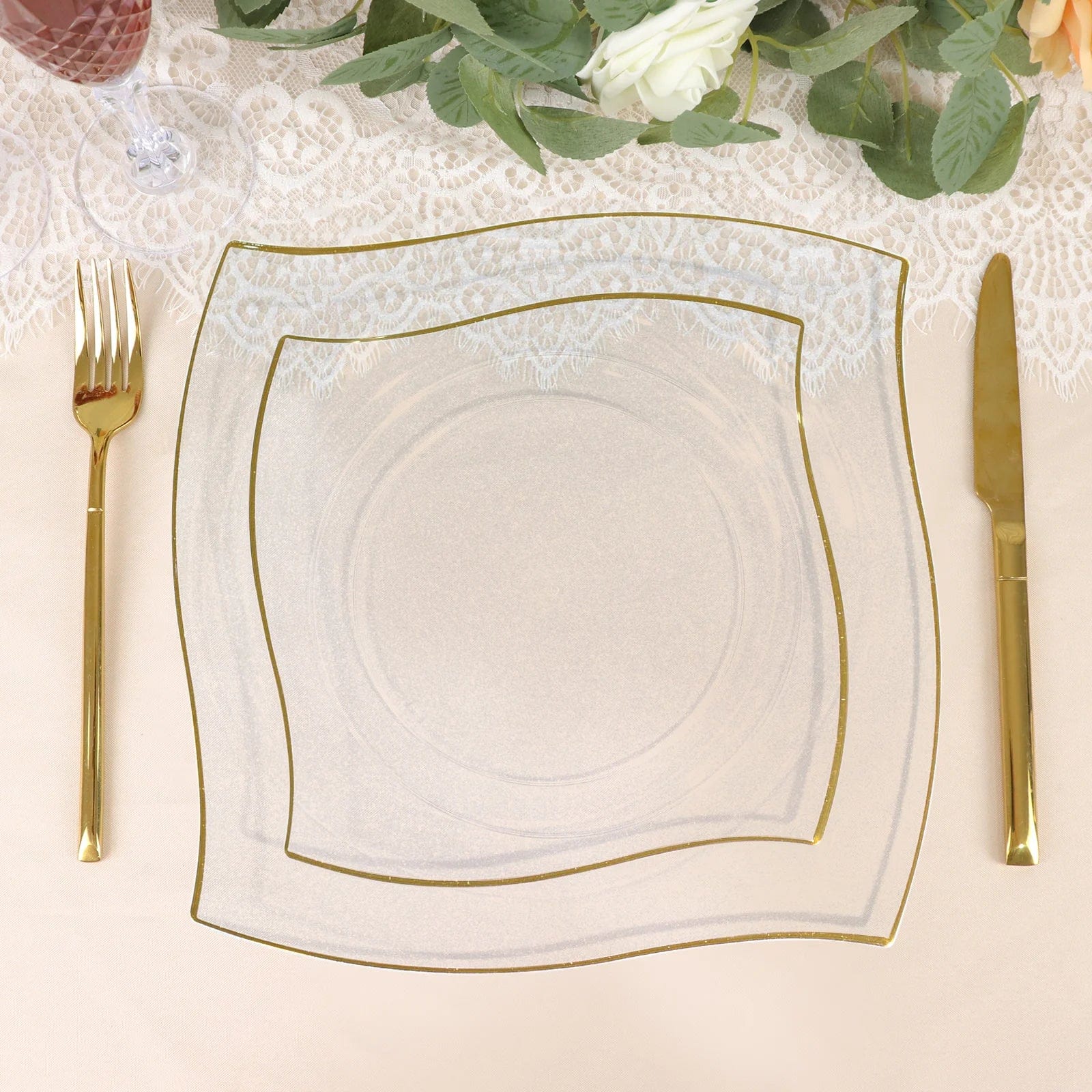 10 Square Plastic Salad and Dinner Plates with Wavy Gold Rim - Disposable Tableware