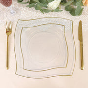 10 Square Plastic Salad and Dinner Plates with Wavy Gold Rim - Disposable Tableware