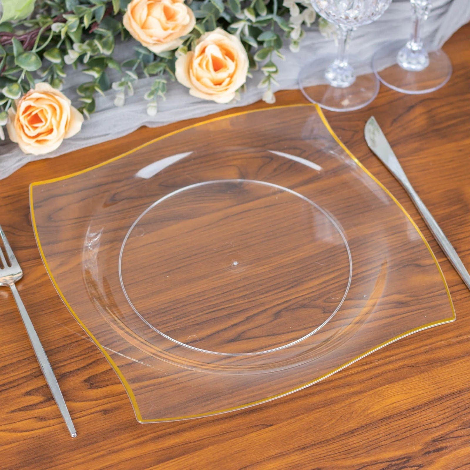 10 Square Plastic Salad and Dinner Plates with Wavy Gold Rim - Disposable Tableware