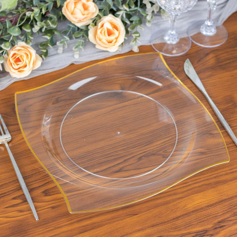 10 Square Plastic Salad and Dinner Plates with Wavy Gold Rim - Disposable Tableware