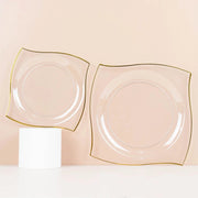 10 Square Plastic Salad and Dinner Plates with Wavy Gold Rim - Disposable Tableware