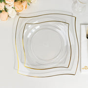 10 Square Plastic Salad and Dinner Plates with Wavy Gold Rim - Disposable Tableware