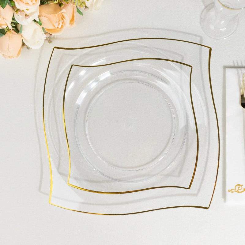 10 Square Plastic Salad and Dinner Plates with Wavy Gold Rim - Disposable Tableware