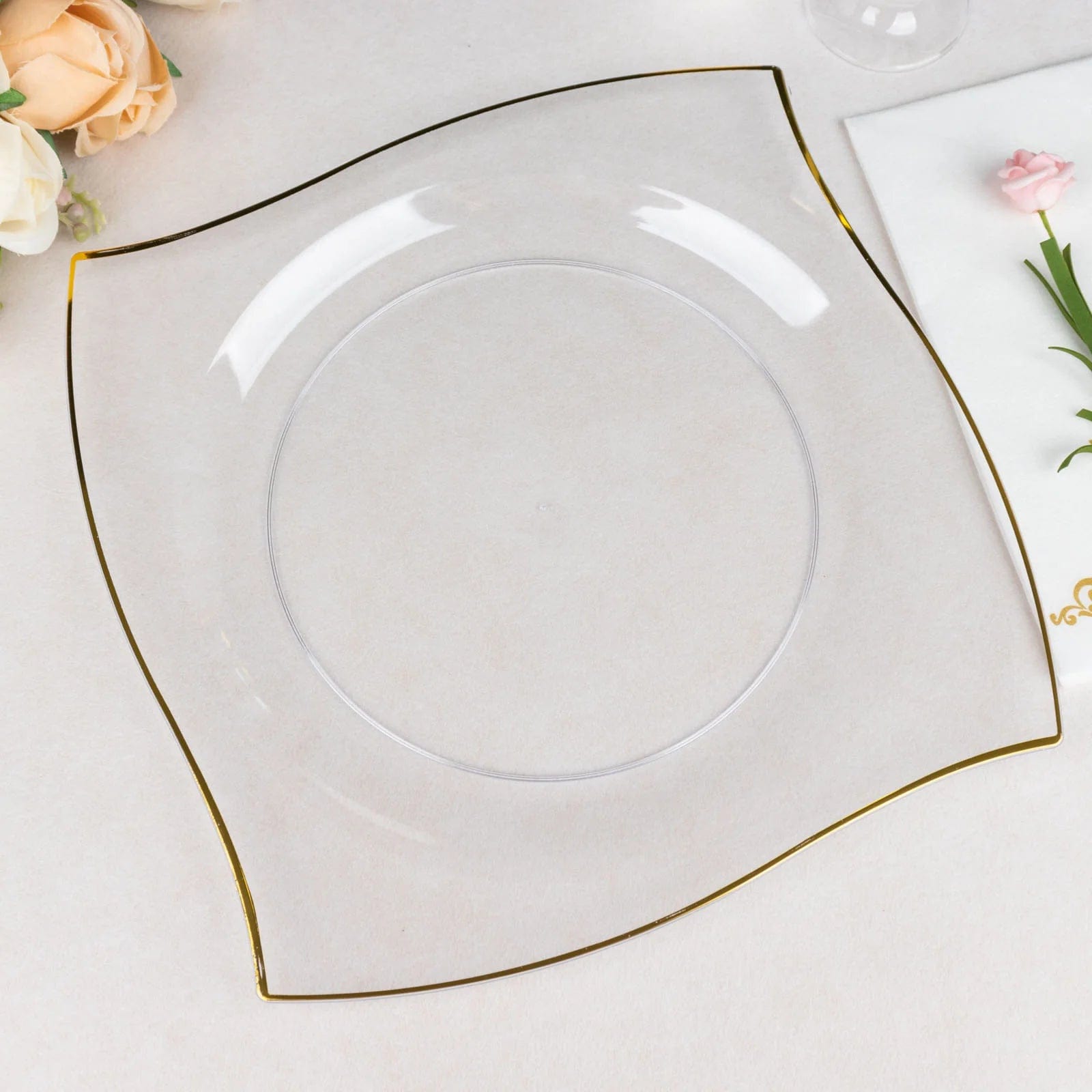 10 Square Plastic Salad and Dinner Plates with Wavy Gold Rim - Disposable Tableware