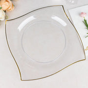10 Square Plastic Salad and Dinner Plates with Wavy Gold Rim - Disposable Tableware