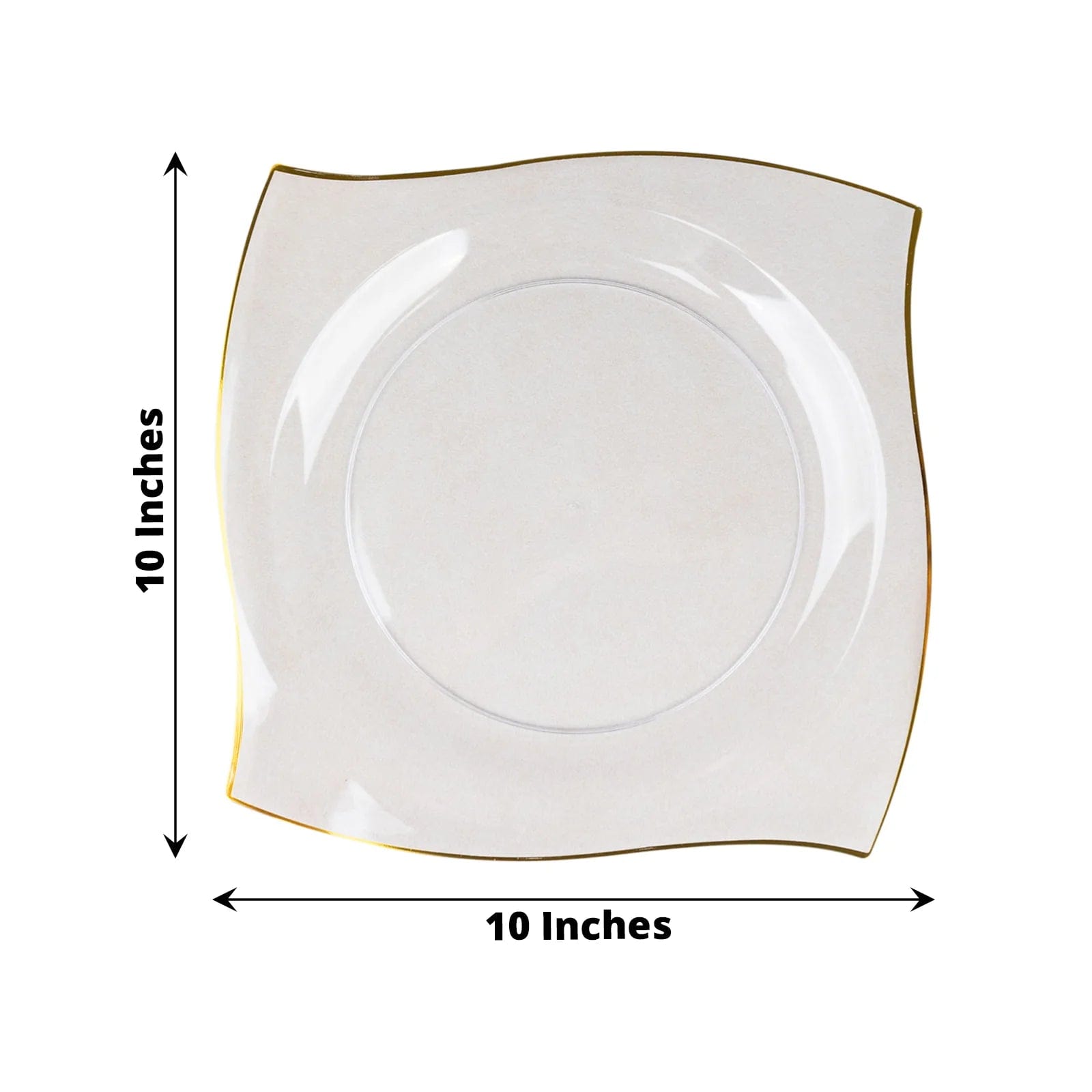 10 Square Plastic Salad and Dinner Plates with Wavy Gold Rim - Disposable Tableware