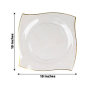 10 Square Plastic Salad and Dinner Plates with Wavy Gold Rim - Disposable Tableware