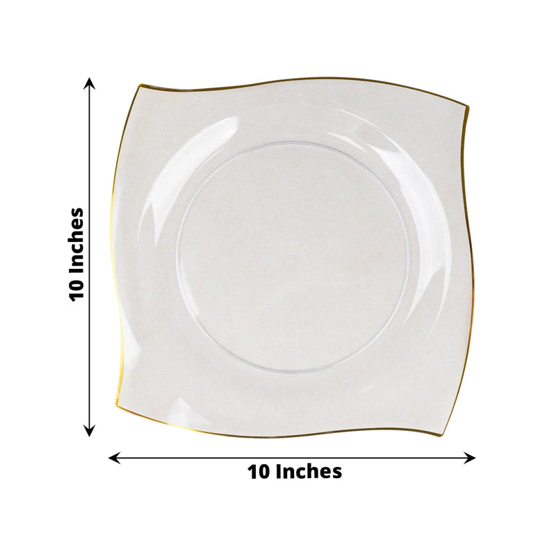 10 Square Plastic Salad and Dinner Plates with Wavy Gold Rim - Disposable Tableware