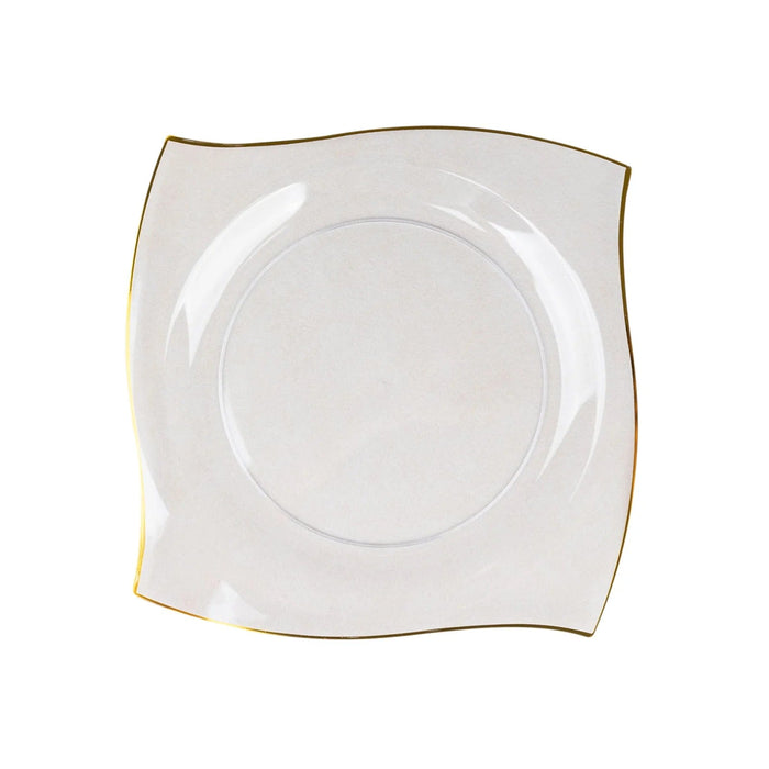10 Square Plastic Salad and Dinner Plates with Wavy Gold Rim - Disposable Tableware DSP_PLS0007_10_CLRGD