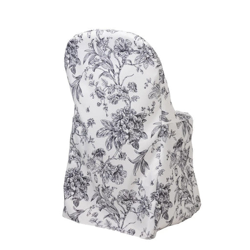 10 White Polyester with French Toile Pattern Folding Chair Covers CHAIR_FOLD1_FLORFT_BLK_PK10