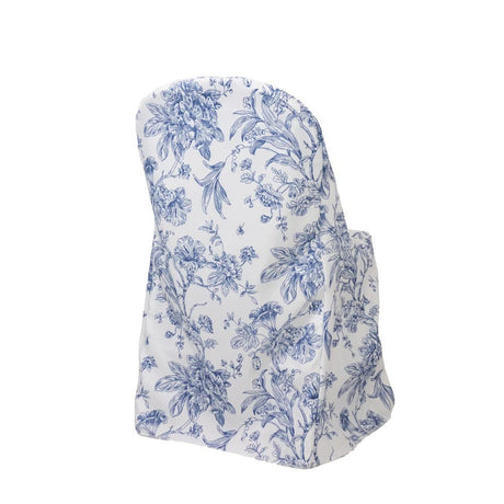 10 White Polyester with French Toile Pattern Folding Chair Covers CHAIR_FOLD1_FLORFT_BLUE_PK10