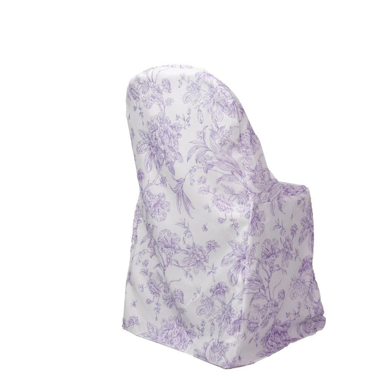 10 White Polyester with French Toile Pattern Folding Chair Covers CHAIR_FOLD1_FLORFT_LAV_PK10