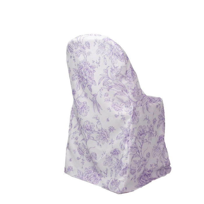 10 White Polyester with French Toile Pattern Folding Chair Covers CHAIR_FOLD1_FLORFT_LAV_PK10