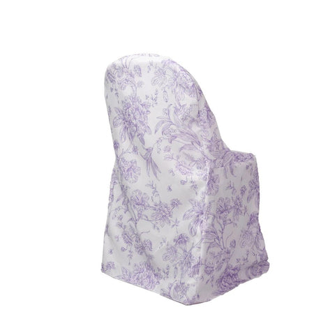 10 White Polyester with French Toile Pattern Folding Chair Covers CHAIR_FOLD1_FLORFT_LAV_PK10