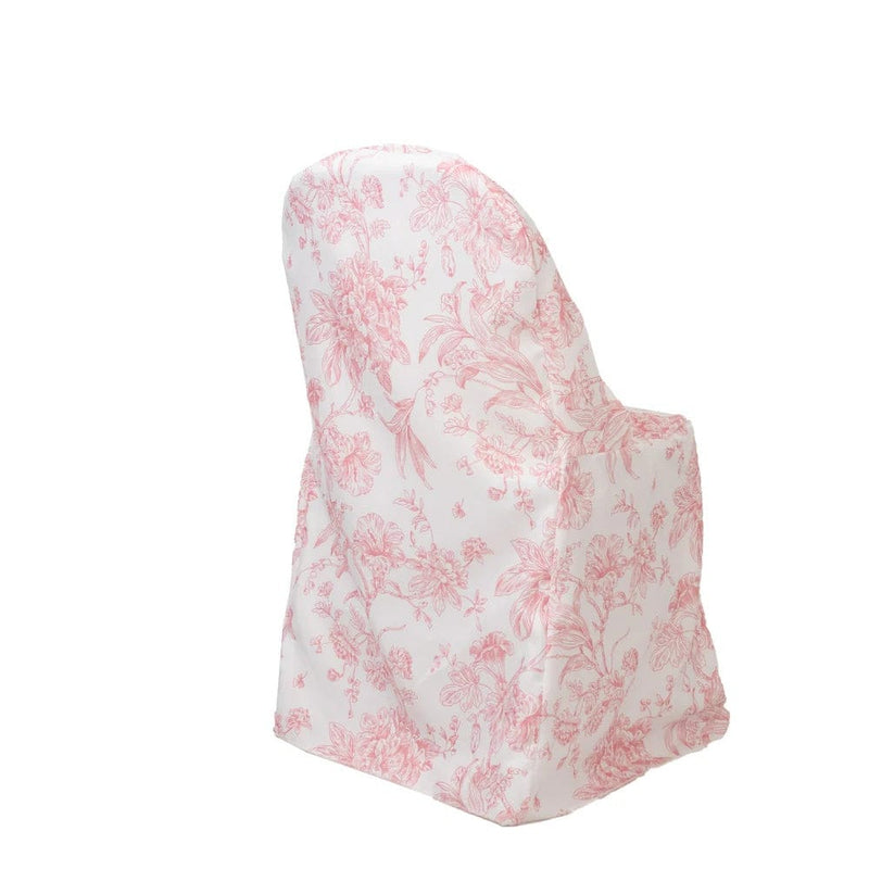 10 White Polyester with French Toile Pattern Folding Chair Covers CHAIR_FOLD1_FLORFT_PINK_PK10
