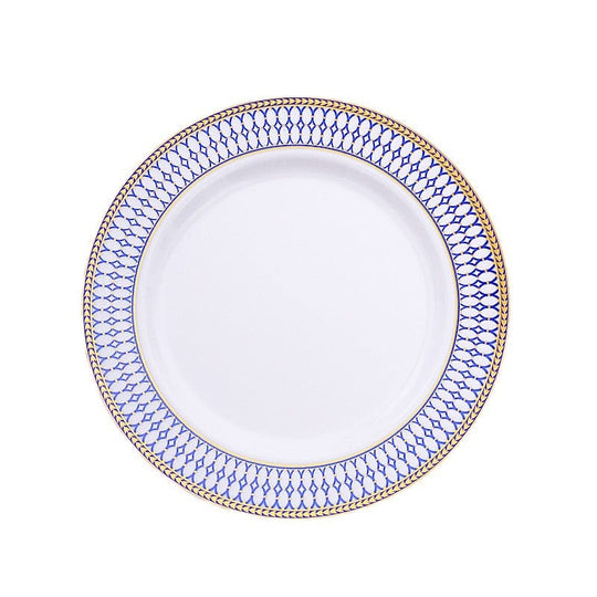 10 White Renaissance Plastic Dessert Plates with Gold Navy Blue Chord Rim