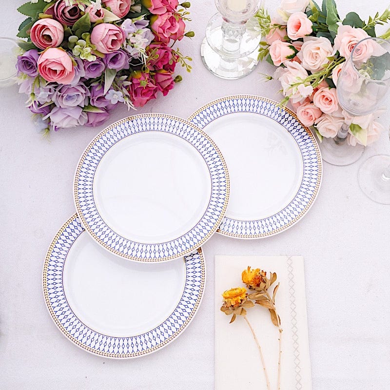 10 White Renaissance Plastic Dessert Plates with Gold Navy Blue Chord Rim