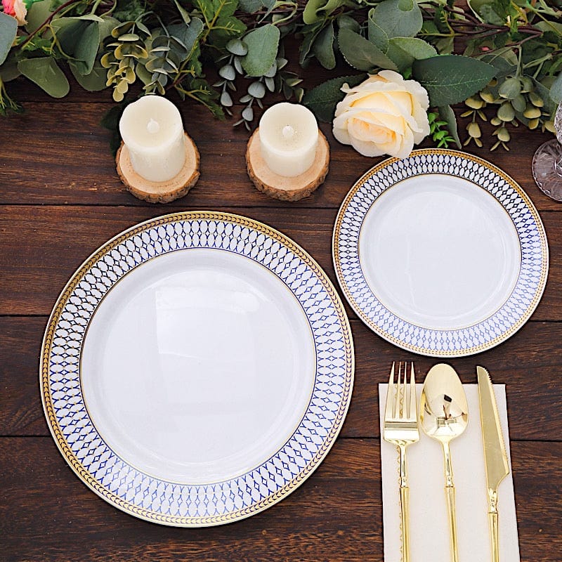 10 White Renaissance Plastic Dessert Plates with Gold Navy Blue Chord Rim