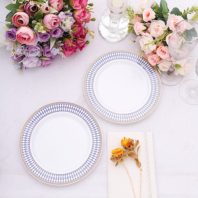 10 White Renaissance Plastic Dessert Plates with Gold Navy Blue Chord Rim