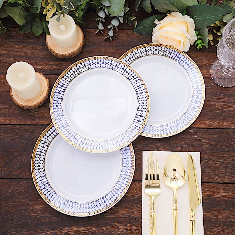 10 White Renaissance Plastic Dessert Plates with Gold Navy Blue Chord Rim