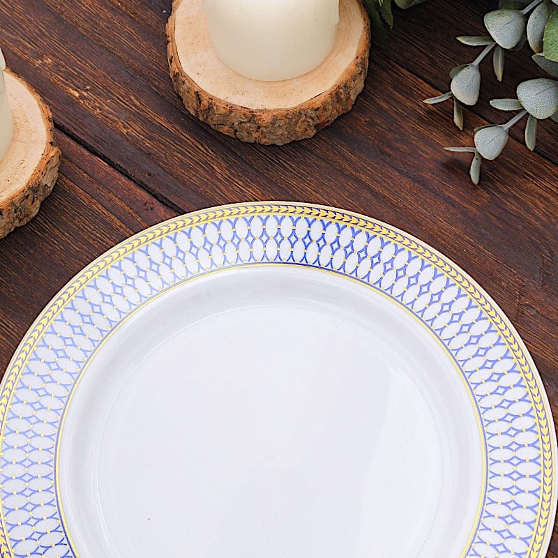 10 White Renaissance Plastic Dessert Plates with Gold Navy Blue Chord Rim