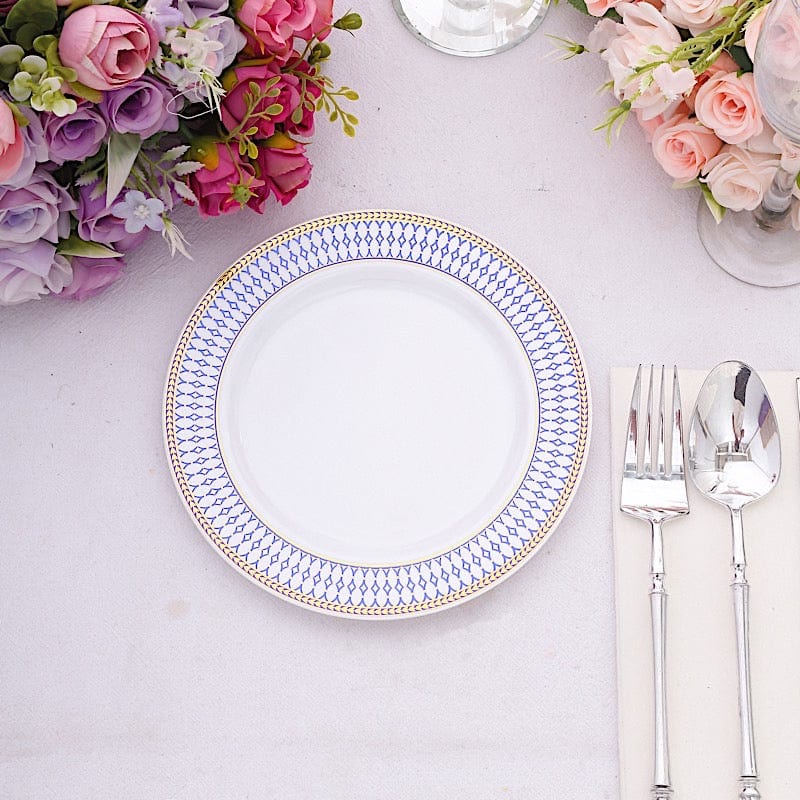 10 White Renaissance Plastic Dessert Plates with Gold Navy Blue Chord Rim