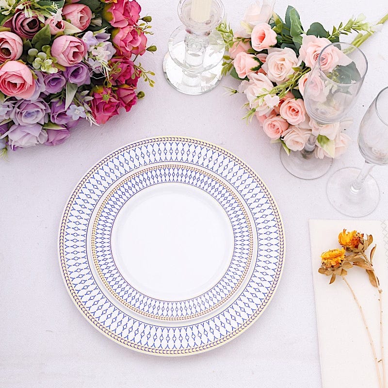 10 White Renaissance Plastic Dessert Plates with Gold Navy Blue Chord Rim