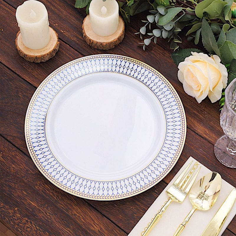 10 White Renaissance Plastic Dessert Plates with Gold Navy Blue Chord Rim