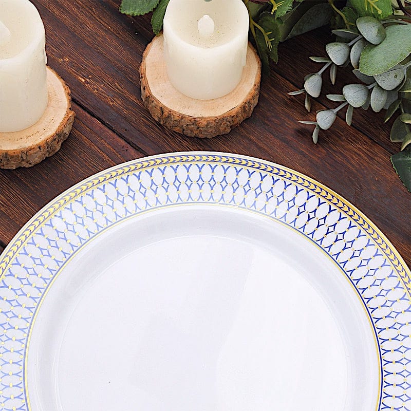 10 White Renaissance Plastic Dessert Plates with Gold Navy Blue Chord Rim