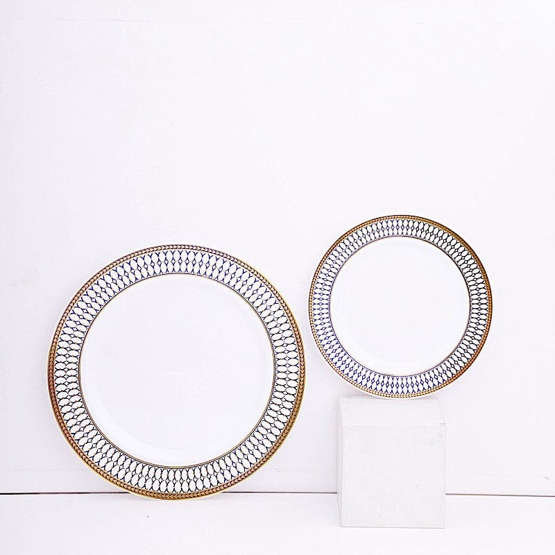 10 White Renaissance Plastic Dessert Plates with Gold Navy Blue Chord Rim