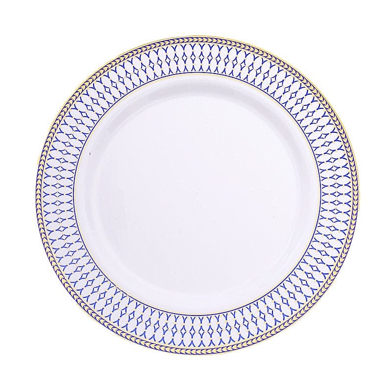 10 White Renaissance Plastic Dessert Plates with Gold Navy Blue Chord Rim