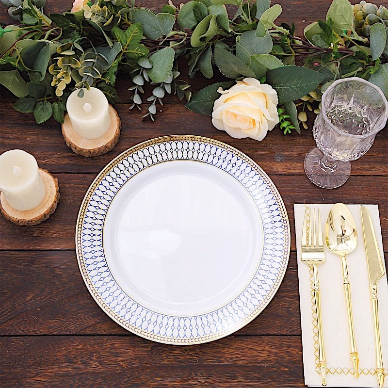 10 White Renaissance Plastic Dessert Plates with Gold Navy Blue Chord Rim