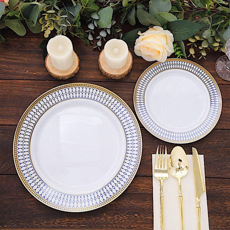 10 White Renaissance Plastic Dessert Plates with Gold Navy Blue Chord Rim