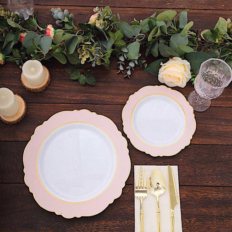 10 White Round Plastic Salad and Dinner Plates Blossom Design - Disposable Tableware