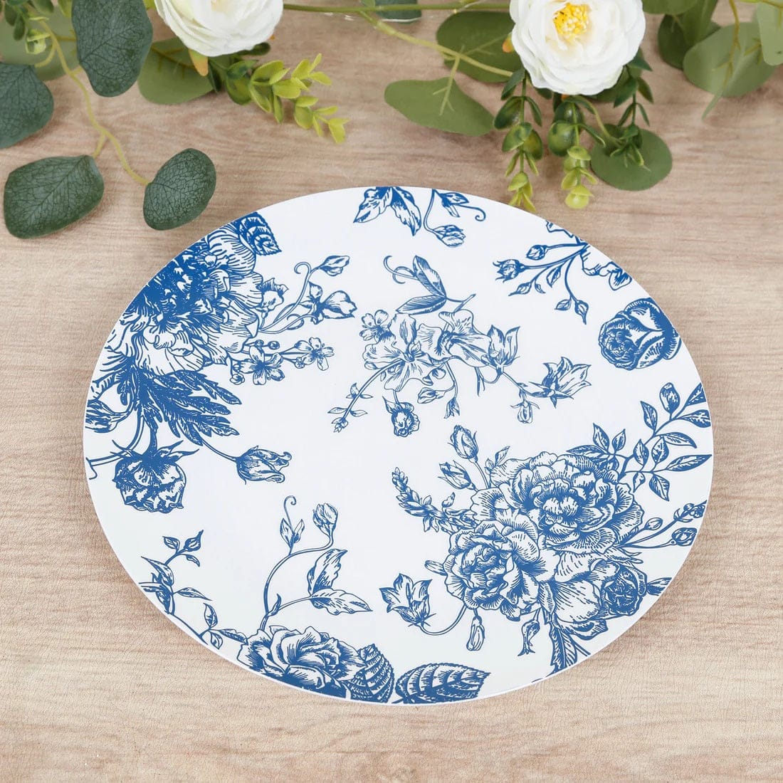 10 White Round Plastic Salad and Dinner Plates French Toile Design - Disposable Tableware