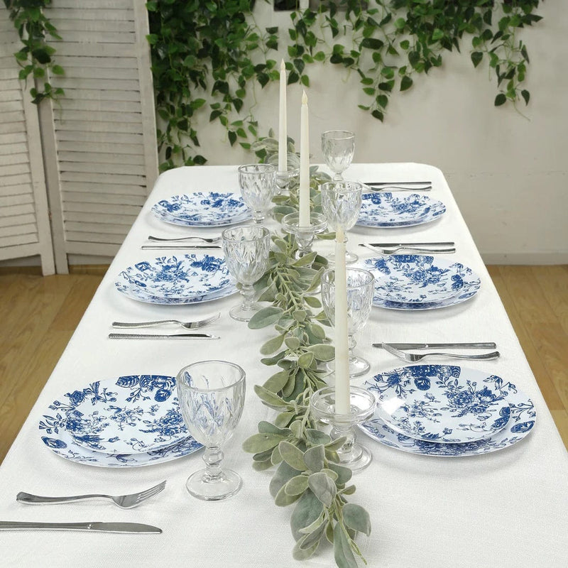 10 White Round Plastic Salad and Dinner Plates French Toile Design - Disposable Tableware