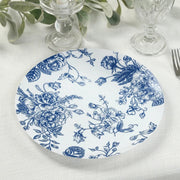 10 White Round Plastic Salad and Dinner Plates French Toile Design - Disposable Tableware