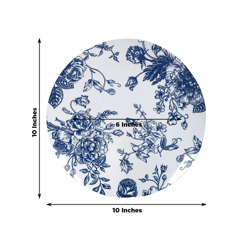 10 White Round Plastic Salad and Dinner Plates French Toile Design - Disposable Tableware