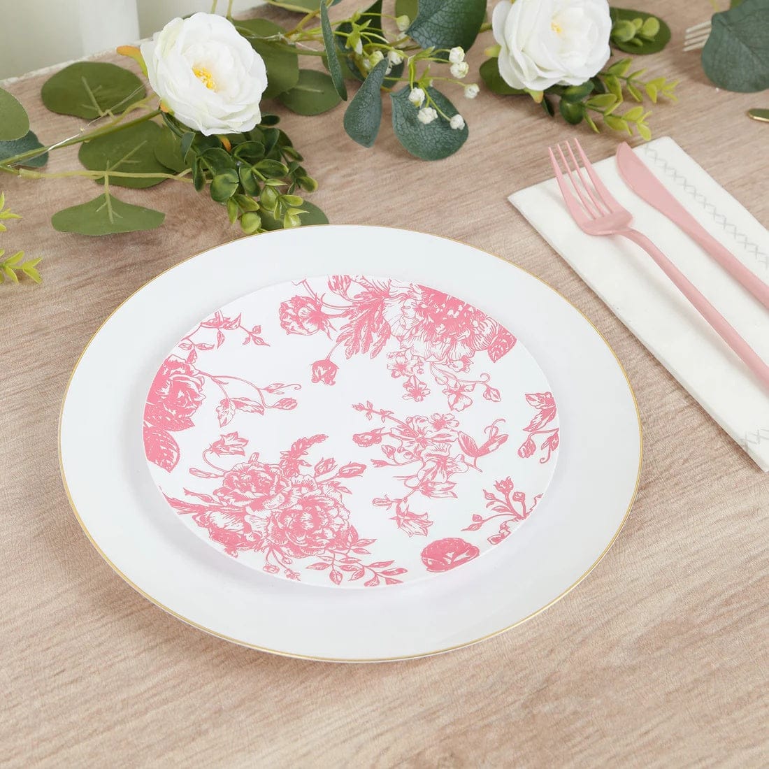 10 White Round Plastic Salad and Dinner Plates French Toile Design - Disposable Tableware