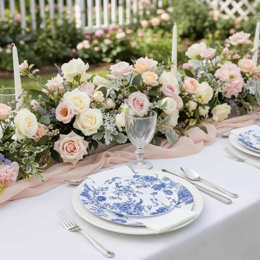 10 White Round Plastic Salad and Dinner Plates French Toile Design - Disposable Tableware