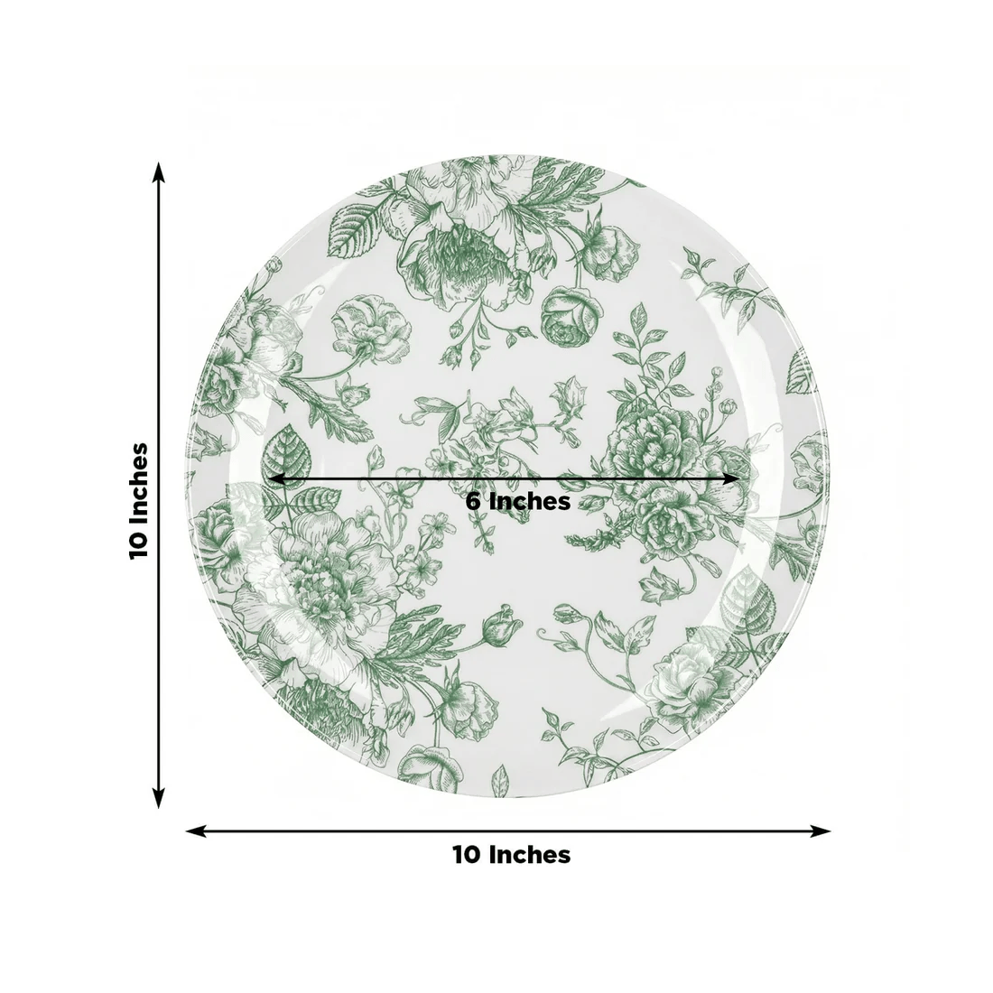 10 White Round Plastic Salad and Dinner Plates French Toile Design - Disposable Tableware