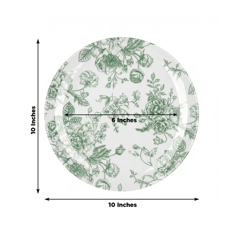 10 White Round Plastic Salad and Dinner Plates French Toile Design - Disposable Tableware