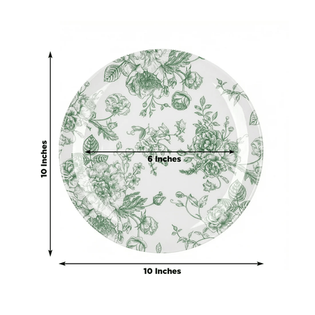 10 White Round Plastic Salad and Dinner Plates French Toile Design - Disposable Tableware