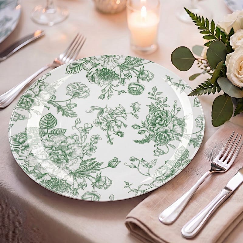 10 White Round Plastic Salad and Dinner Plates French Toile Design - Disposable Tableware