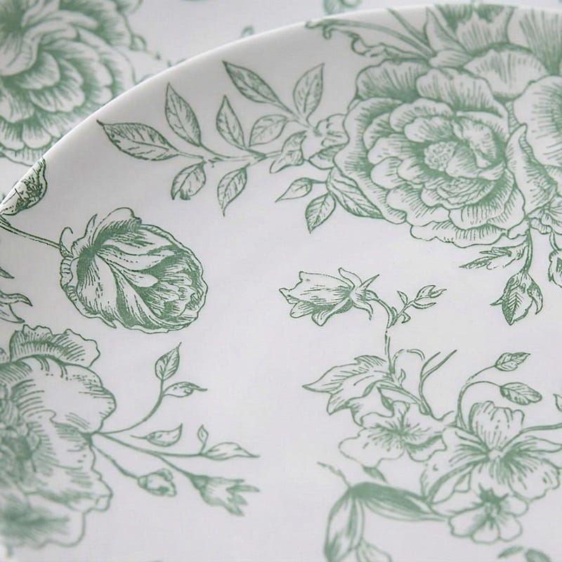10 White Round Plastic Salad and Dinner Plates French Toile Design - Disposable Tableware